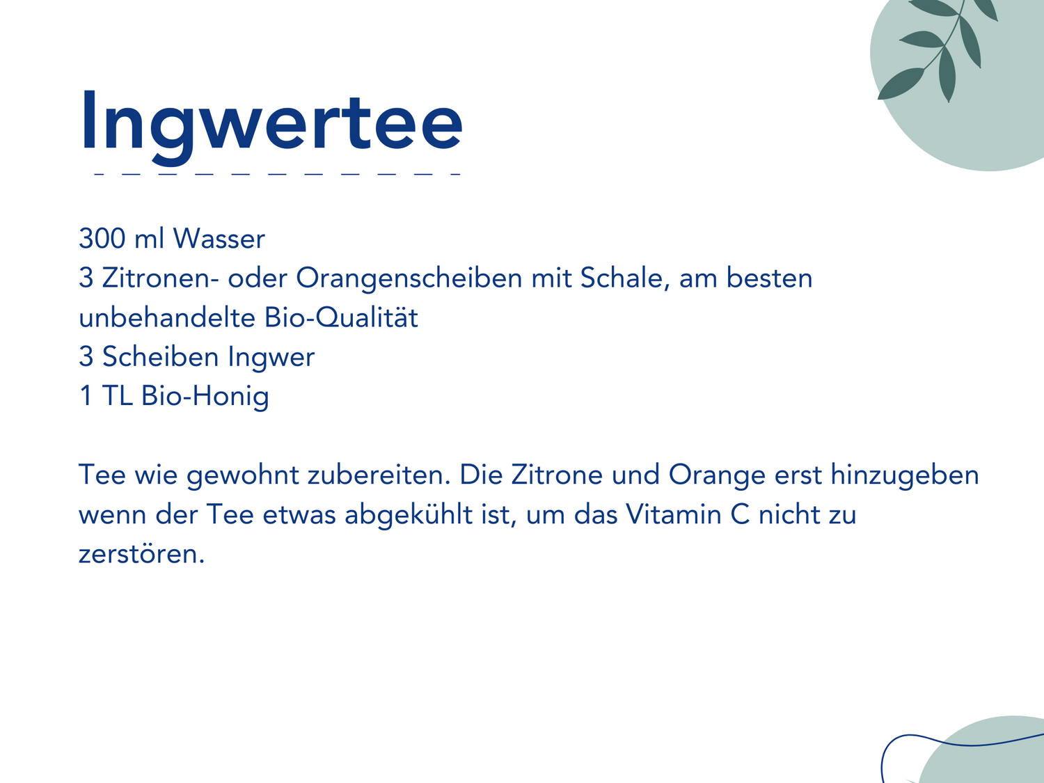 Eine Rezeptkarte für Ingwertee. Die Karte zeigt die Zutaten und Zubereitungsschritte für einen wärmenden Ingwertee