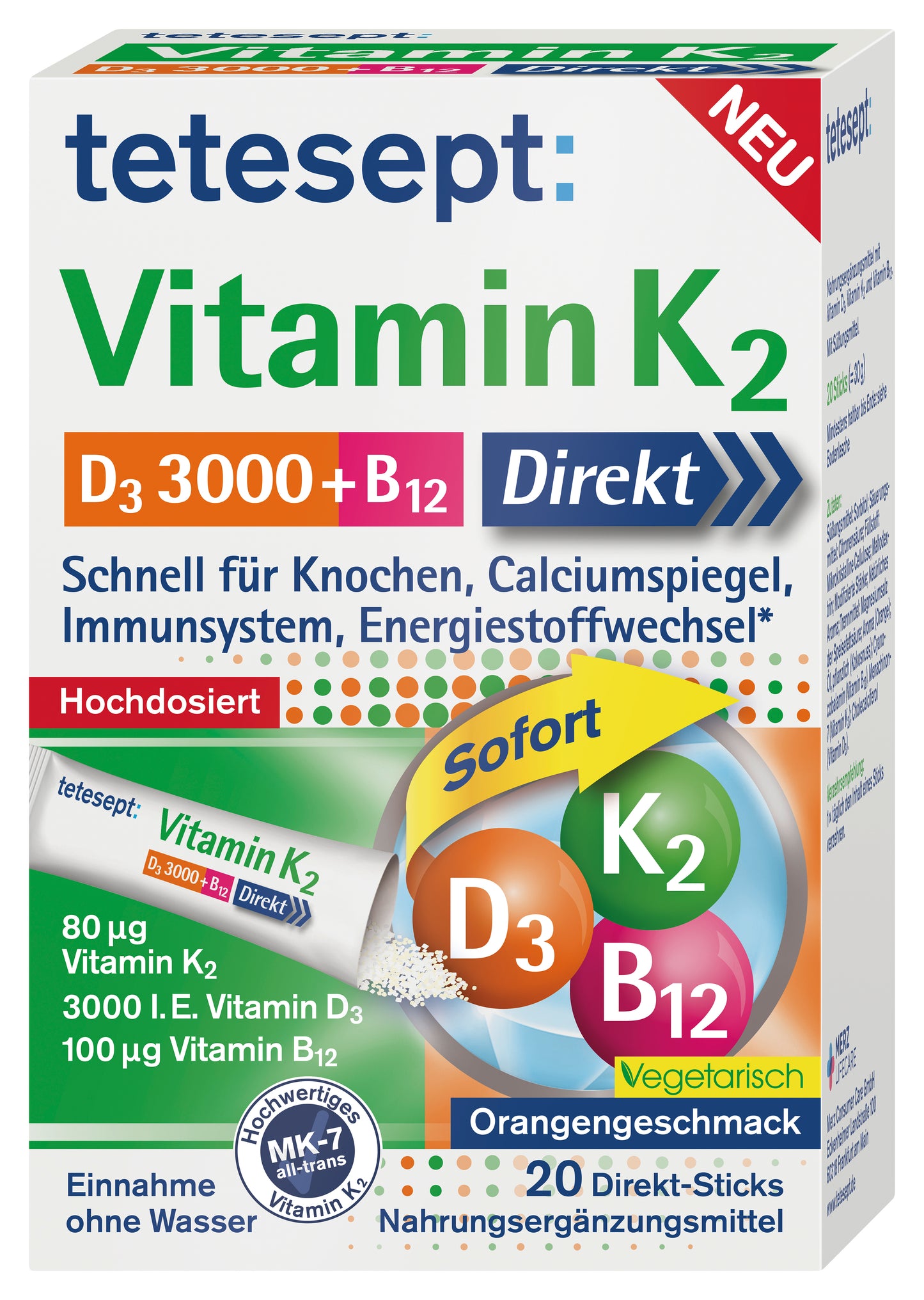 Vitamin K2 + D3 3000 + B12 Direkt Stick