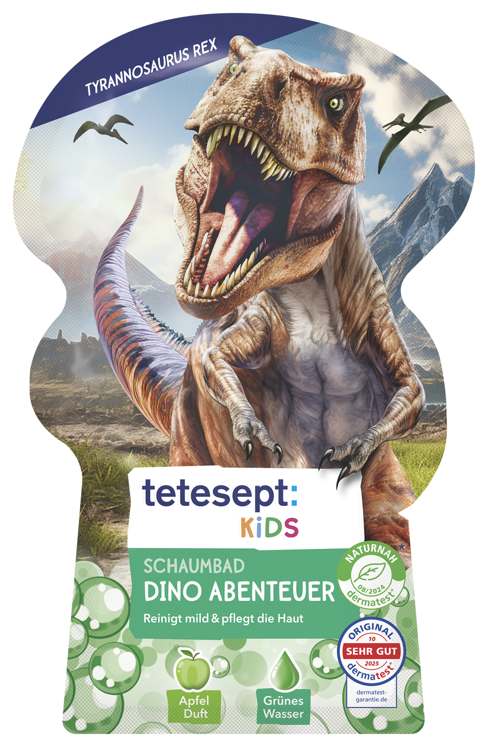 Ein Tetesept Kids Schaumbad Dino-Abenteuer-Beutel in einer prähistorischen Landschaft mit apfelduftendem, grün getöntem Schaumbad.